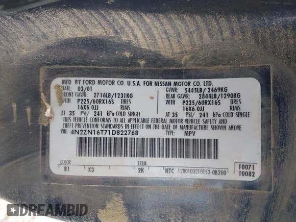 ✅ 2001 Nissan Quest • VIN: 4N2ZN16T71D822768 • Lot: 41693719. Listed on IAAI with 246,489 mi. Free auction sales archive from the USA and detailed vehicle history report at DreamBid. Image 9.