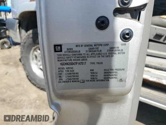 ✅ 2007 Chevrolet Silverado 2500HD LT3 • VIN: 1GCHK23D47F147517 • Lot: 62060985. Listed on Copart with Not provided. Free auction sales archive from the USA and detailed vehicle history report at DreamBid. Image 12.