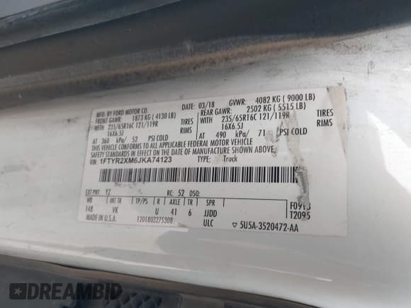 ✅ 2018 Ford Transit • VIN: 1FTYR2XM6JKA74123 • Lot: 41923975. Wystawiony na IAAI z przebiegiem 372 801 mil. Bezpłatny archiwum sprzedaży aukcyjnych z USA i szczegółowy raport historii pojazdu na DreamBid. Zdjęcie 9.