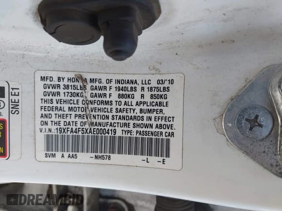 ✅ 2010 Honda Civic GX • VIN: 19XFA4F5XAE000419 • Лот: 42696662. Опубликован ранее на IAAI с пробегом 147 605 миль. Бесплатный доступ к архиву аукционных продаж из США и подробный отчёт об истории автомобиля на DreamBid. Изображение 9.