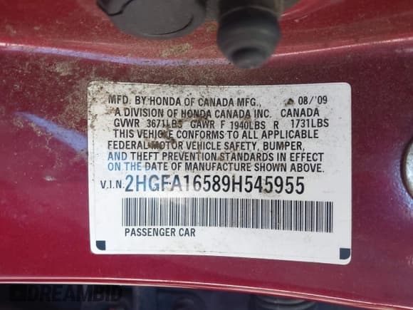 ✅ 2009 Honda Civic LX • VIN: 2HGFA16589H545955 • Лот: 43483367. Опубликован ранее на IAAI с пробегом 169 926 миль. Бесплатный доступ к архиву аукционных продаж из США и подробный отчёт об истории автомобиля на DreamBid. Изображение 9.