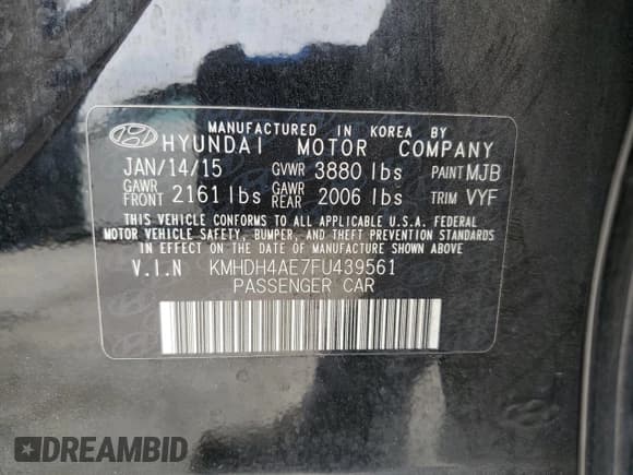 ✅ 2015 Hyundai Elantra Limited • VIN: KMHDH4AE7FU439561 • Lot: 65419735. Listed on Copart with 101,411 mi. Free auction sales archive from the USA and detailed vehicle history report at DreamBid. Image 13.