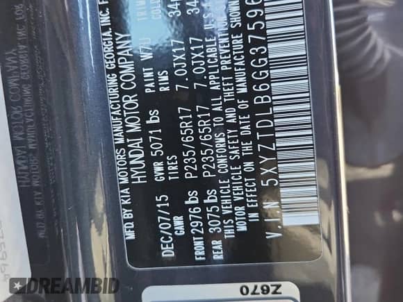 2016 Hyundai Santa Fe с VIN 5XYZTDLB6GG375964, выставлен на аукционе Copart как лот 86296025 с пробегом 87 172 миль миль и Списание • Salvage title. История ставок и продаж доступна на DreamBid. Изображение 14.