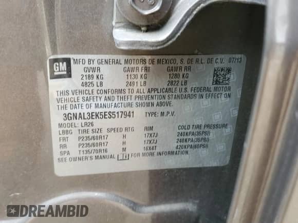 2014 Chevrolet Captiva Sport LT с VIN 3GNAL3EK5ES517941, выставлен на аукционе Copart как лот 82647754 с пробегом 142 020 миль миль и Списание • Salvage title. История ставок и продаж доступна на DreamBid. Изображение 13.