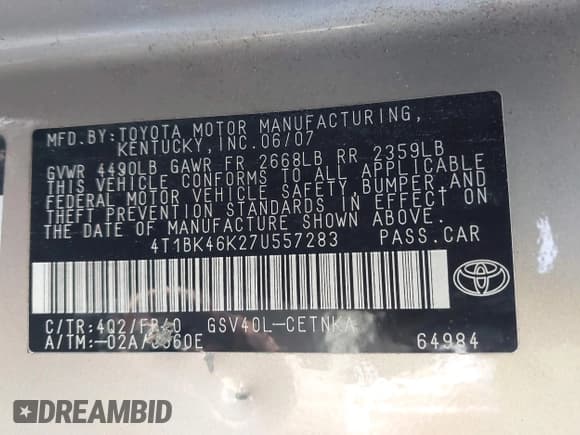 ✅ 2007 Toyota Camry XLE • VIN: 4T1BK46K27U557283 • Lot: 43365369. Listed on IAAI with 359,446 mi. Free auction sales archive from the USA and detailed vehicle history report at DreamBid. Image 9.