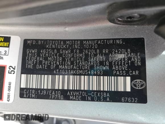 2021 Toyota Camry Hybrid SE с VIN 4T1G31AK6MU548493, выставлен на аукционе Copart как лот 65926785 с пробегом 121 324 миль миль и Списание • Salvage title. История ставок и продаж доступна на DreamBid. Изображение 12.