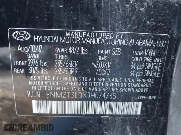 ✅ 2018 Hyundai Santa Fe 2.4L • VIN: 5NMZT3LBXJH074735 • Лот: 43259788. Опубликован ранее на IAAI с пробегом 73 985 миль. Бесплатный доступ к архиву аукционных продаж из США и подробный отчёт об истории автомобиля на DreamBid. Изображение 9.