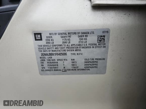 ✅ 2015 Chevrolet Equinox LT • VIN: 2GNALBEK1F6425686 • Лот: 69204545. Опубликован ранее на Copart с пробегом 125 638 миль. Бесплатный доступ к архиву аукционных продаж из США и подробный отчёт об истории автомобиля на DreamBid. Изображение 13.