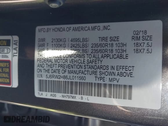 ✅ 2018 Honda CR-V EX-L • VIN: 5J6RW2H86JL011560 • Lot: 42085796. Listed on IAAI with 150,328 mi. Free auction sales archive from the USA and detailed vehicle history report at DreamBid. Image 9.