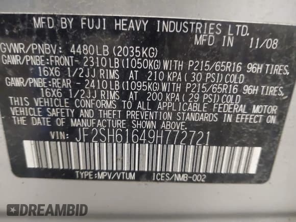 ✅ 2009 Subaru Forester X • VIN: JF2SH61649H772721 • Lot: 42572897. Listed on IAAI with 153,255 mi. Free auction sales archive from the USA and detailed vehicle history report at DreamBid. Image 9.