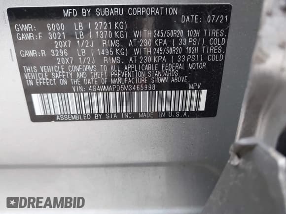 ✅ 2021 Subaru Ascent Limited • VIN: 4S4WMAPD5M3465998 • Лот: 42442698. Опубликован ранее на IAAI с пробегом 64 006 миль. Бесплатный доступ к архиву аукционных продаж из США и подробный отчёт об истории автомобиля на DreamBid. Изображение 9.