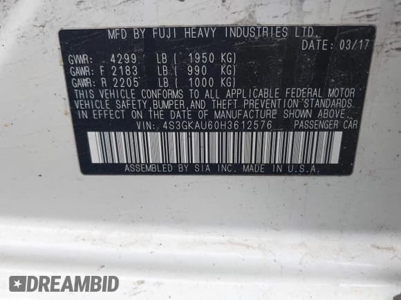 ✅ 2017 Subaru Impreza Limited • VIN: 4S3GKAU60H3612576 • Lot: 41775738. Listed on IAAI with 85,730 mi. Free auction sales archive from the USA and detailed vehicle history report at DreamBid. Image 9.