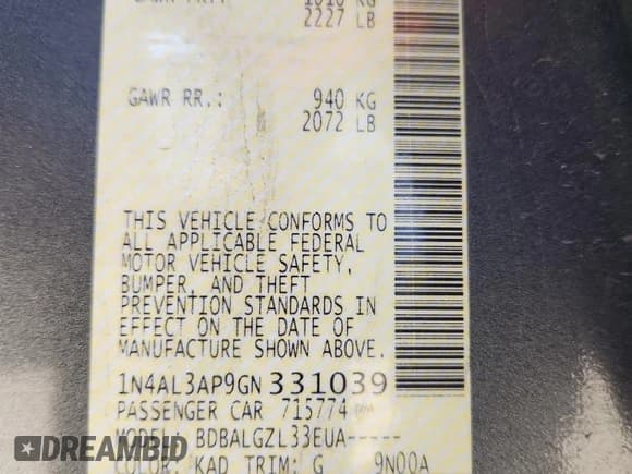 ✅ 2016 Nissan Altima S • VIN: 1N4AL3AP9GN331039 • Lot: 91287365. Listed on Copart with 158,068 mi. Free auction sales archive from the USA and detailed vehicle history report at DreamBid. Image 13.