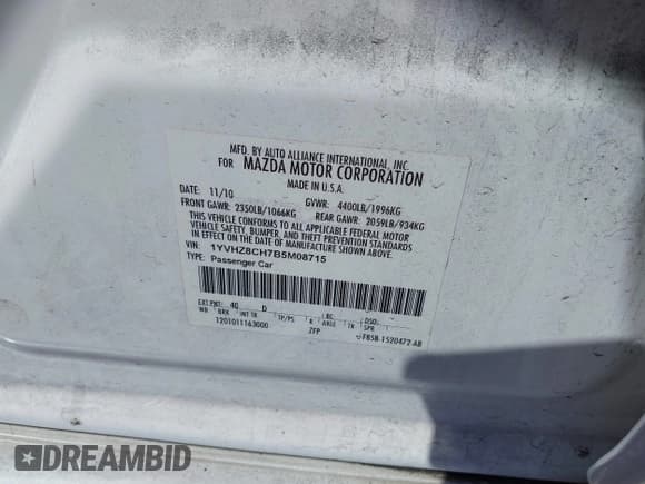 ✅ 2011 Mazda 6 i Touring • VIN: 1YVHZ8CH7B5M08715 • Lot: 41866193. Listed on IAAI with 184,267 mi. Free auction sales archive from the USA and detailed vehicle history report at DreamBid. Image 9.