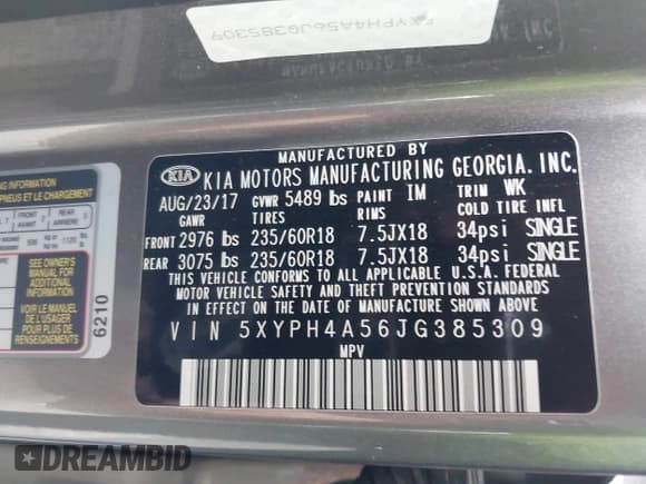 ✅ 2018 Kia Sorento EX • VIN: 5XYPH4A56JG385309 • Lot: 42004729. Listed on IAAI with Not provided. Free auction sales archive from the USA and detailed vehicle history report at DreamBid. Image 9.