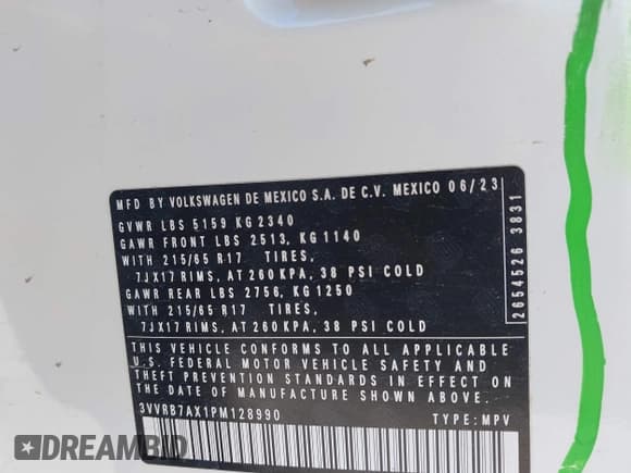 ✅ 2023 Volkswagen Tiguan S • VIN: 3VVRB7AX1PM128990 • Лот: 43442329. Опубликован ранее на IAAI с пробегом 32 228 миль. Бесплатный доступ к архиву аукционных продаж из США и подробный отчёт об истории автомобиля на DreamBid. Изображение 9.