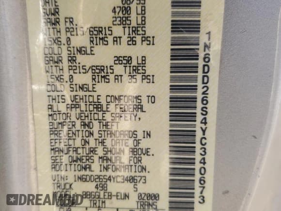 ✅ 2000 Nissan Frontier XE • VIN: 1N6DD26S4YC340673 • Lot: 92228425. Wystawiony na Copart z przebiegiem 113 656 mil. Bezpłatny archiwum sprzedaży aukcyjnych z USA i szczegółowy raport historii pojazdu na DreamBid. Zdjęcie 12.
