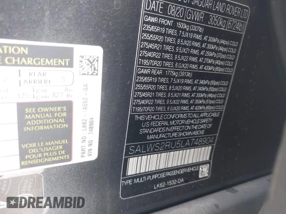 ✅ 2020 Land Rover Range Rover Sport HST • VIN: SALWS2RU5LA748904 • Lot: 41680048. Wystawiony na IAAI z przebiegiem 48 961 mil. Bezpłatny archiwum sprzedaży aukcyjnych z USA i szczegółowy raport historii pojazdu na DreamBid. Zdjęcie 9.