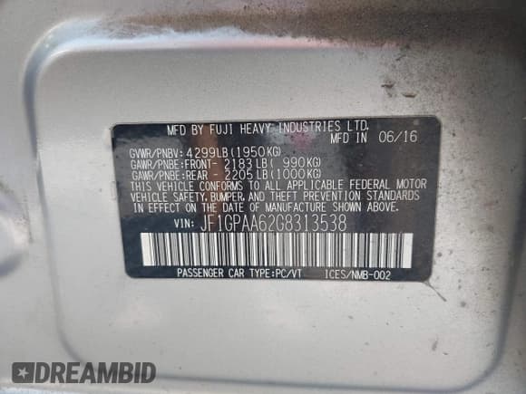 ✅ 2016 Subaru Impreza 2.0i • VIN: JF1GPAA62G8313538 • Lot: 42865489. Listed on IAAI with 86,334 mi. Free auction sales archive from the USA and detailed vehicle history report at DreamBid. Image 9.