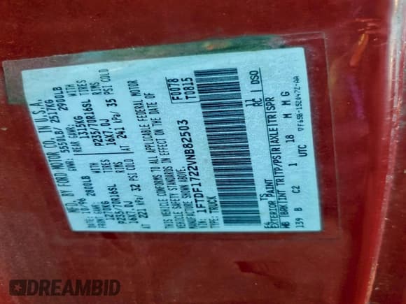 ✅ 1997 Ford F-150 • VIN: 1FTDF1722VNB82503 • Lot: 93677125. Listed on Copart with 159,775 mi. Free auction sales archive from the USA and detailed vehicle history report at DreamBid. Image 13.