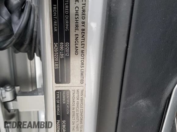 ✅ 2012 Bentley Continental GT • VIN: SCBGR3ZA2CC077346 • Lot: 49096205. Listed on Copart with 33,938 mi. Free auction sales archive from the USA and detailed vehicle history report at DreamBid. Image 12.