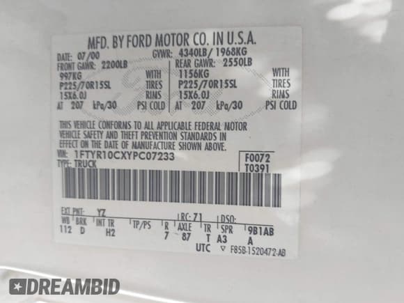 ✅ 2000 Ford Ranger XL • VIN: 1FTYR10CXYPC07233 • Lot: 42660330. Listed on IAAI with 166,405 mi. Free auction sales archive from the USA and detailed vehicle history report at DreamBid. Image 9.