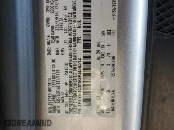 ✅ 2016 Ford Transit Cargo • VIN: 1FTYE1CM5GKB56512 • Lot: 82561724. Listed on Copart with Not provided. Free auction sales archive from the USA and detailed vehicle history report at DreamBid. Image 13.