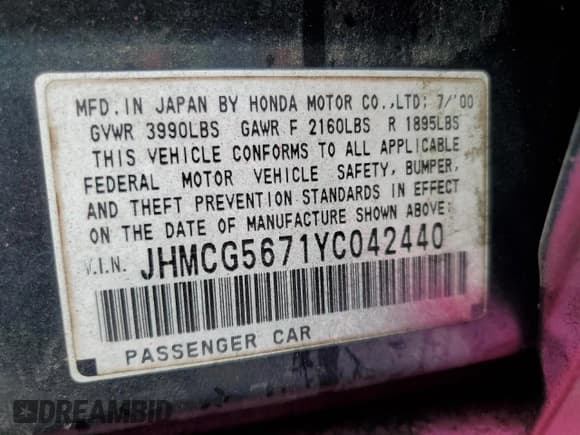 ✅ 2000 Honda Accord SE • VIN: JHMCG5671YC042440 • Lot: 67715255. Listed on Copart with 229,089 mi. Free auction sales archive from the USA and detailed vehicle history report at DreamBid. Image 12.