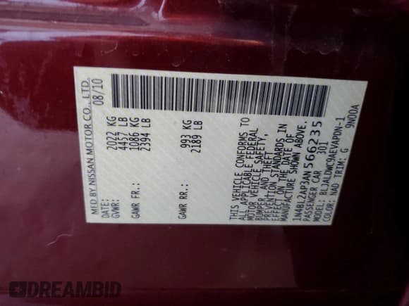 ✅ 2010 Nissan Altima SR • VIN: 1N4BL2AP3AN566235 • Lot: 81877755. Wystawiony na Copart z przebiegiem 76 785 mil. Bezpłatny archiwum sprzedaży aukcyjnych z USA i szczegółowy raport historii pojazdu na DreamBid. Zdjęcie 13.