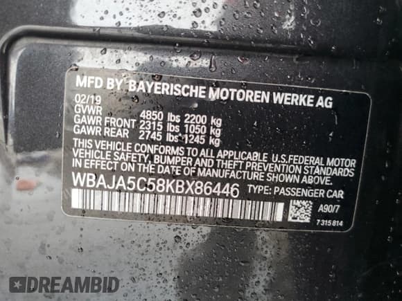 ✅ 2019 BMW 5 Series 530i • VIN: WBAJA5C58KBX86446 • Lot: 84418615. Listed on Copart with 124,027 mi. Free auction sales archive from the USA and detailed vehicle history report at DreamBid. Image 12.