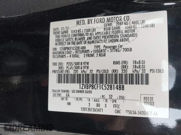 ✅ 2012 Ford Mustang GT Premium • VIN: 1ZVBP8CF1C5281488 • Lot: 43796307. Listed on IAAI with 91,501 mi. Free auction sales archive from the USA and detailed vehicle history report at DreamBid. Image 9.