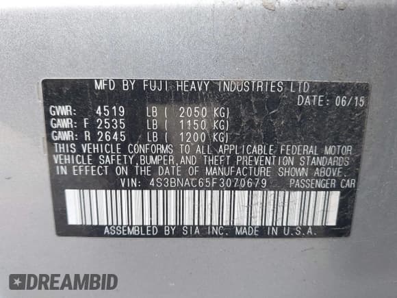 ✅ 2015 Subaru Legacy Premium • VIN: 4S3BNAC65F3070679 • Lot: 42367904. Listed on IAAI with 235,739 mi. Free auction sales archive from the USA and detailed vehicle history report at DreamBid. Image 9.