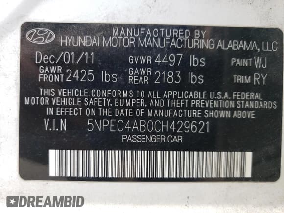 ✅ 2012 Hyundai Sonata Limited • VIN: 5NPEC4AB0CH429621 • Lot: 67728014. Listed on Copart with 63,078 mi. Free auction sales archive from the USA and detailed vehicle history report at DreamBid. Image 13.