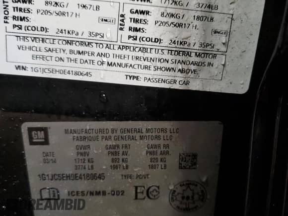 2014 Chevrolet Sonic LT z VIN 1G1JC5EH0E4180645, wystawiony jako Copart lot #50252275 z przebiegiem 152 471 mil mil oraz Czysty tytuł • Clean title. Historia ofert i sprzedaży dostępna na DreamBid. Obrazek 13.