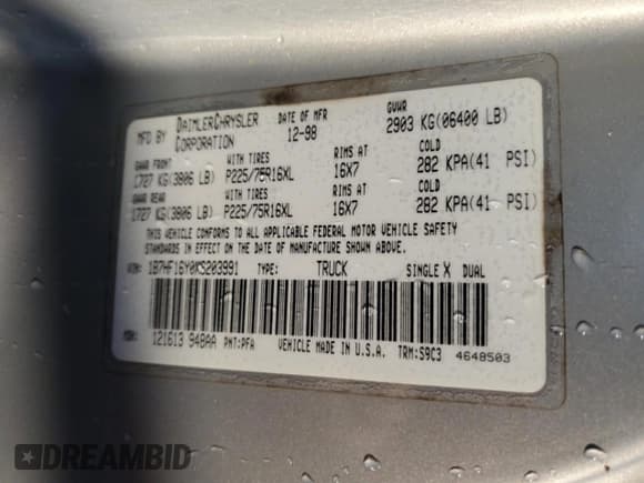 ✅ 1999 Dodge 1500 • VIN: 1B7HF16Y0XS203991 • Лот: 84819475. Опубликован ранее на Copart с пробегом 114 487 миль. Бесплатный доступ к архиву аукционных продаж из США и подробный отчёт об истории автомобиля на DreamBid. Изображение 12.