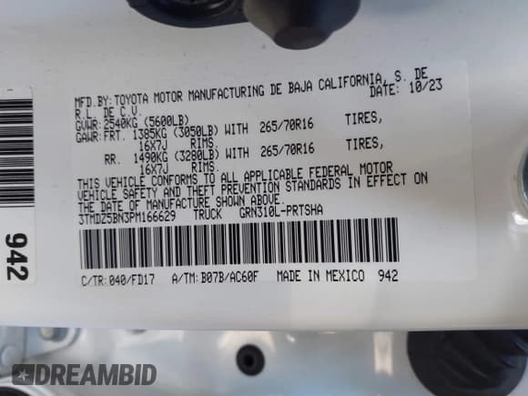 ✅ 2023 Toyota Tacoma SR5 • VIN: 3TMDZ5BN3PM166629 • Lot: 41427577. Listed on IAAI with 21,473 mi. Free auction sales archive from the USA and detailed vehicle history report at DreamBid. Image 9.