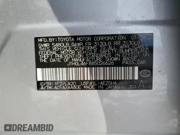 ✅ 2008 Lexus LS 460 L • VIN: JTHGL46F885026626 • Lot: 92251715. Listed on Copart with 182,878 mi. Free auction sales archive from the USA and detailed vehicle history report at DreamBid. Image 12.