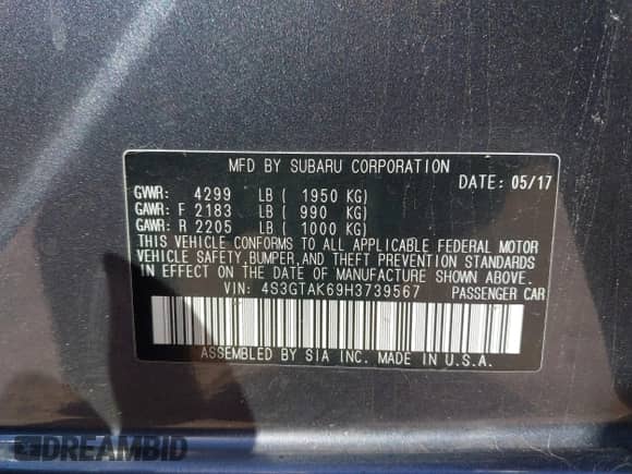2017 Subaru Impreza Special Sports с VIN 4S3GTAK69H3739567, выставлен на аукционе IAAI как лот 43318580 с пробегом 110 569 миль миль и . История ставок и продаж доступна на DreamBid. Изображение 9.