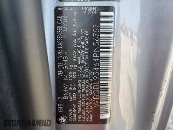 2004 BMW 3 Series M3 z VIN WBSBL93464PN56757, wystawiony jako Copart lot #75746944 z przebiegiem 126 971 mil mil oraz Nie do naprawy • Non repairable. Historia ofert i sprzedaży dostępna na DreamBid. Obrazek 13.