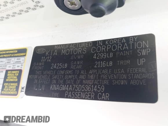 ✅ 2013 Kia Optima LX • VIN: KNAGM4A75D5361459 • Lot: 42152449. Listed on IAAI with 161,975 mi. Free auction sales archive from the USA and detailed vehicle history report at DreamBid. Image 9.