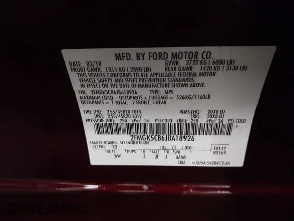 ✅ 2018 Ford Flex SEL • VIN: 2FMGK5C86JBA18926 • Lot: 43218095. Listed on IAAI with 89,164 mi. Free auction sales archive from the USA and detailed vehicle history report at DreamBid. Image 9.