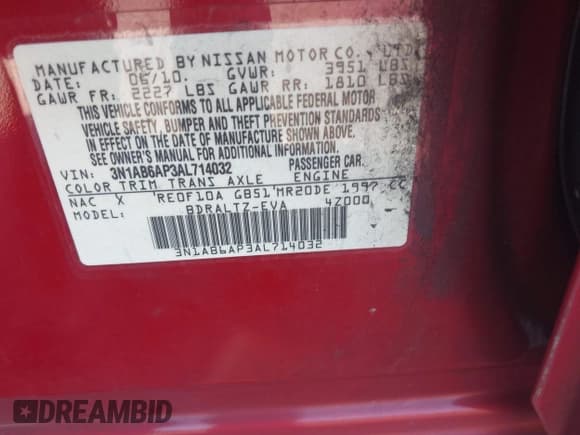 ✅ 2010 Nissan Sentra SR • VIN: 3N1AB6AP3AL714032 • Lot: 43556025. Listed on IAAI with 180,000 mi. Free auction sales archive from the USA and detailed vehicle history report at DreamBid. Image 9.