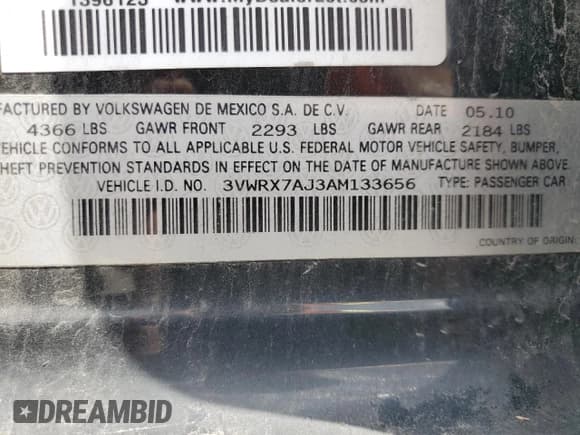 ✅ 2010 Volkswagen Jetta SE • VIN: 3VWRX7AJ3AM133656 • Lot: 67788935. Listed on Copart with 146,017 mi. Free auction sales archive from the USA and detailed vehicle history report at DreamBid. Image 12.