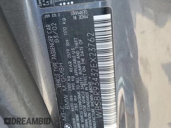 ✅ 2002 BMW 3 Series M3 • VIN: WBSBR93432EX23762 • Лот: 66439305. Опубликован ранее на Copart с пробегом 61 173 миль. Бесплатный доступ к архиву аукционных продаж из США и подробный отчёт об истории автомобиля на DreamBid. Изображение 12.