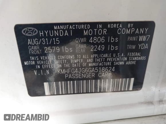 ✅ 2016 Hyundai Azera • VIN: KMHFG4JG6GA518624 • Lot: 41808086. Listed on IAAI with 103,177 mi. Free auction sales archive from the USA and detailed vehicle history report at DreamBid. Image 9.