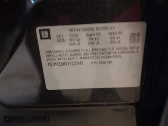 ✅ 2015 Chevrolet Cruze LS • VIN: 1G1PA5SHXF7205443 • Lot: 43491008. Listed on IAAI with 129,936 mi. Free auction sales archive from the USA and detailed vehicle history report at DreamBid. Image 9.