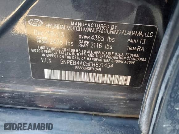 2014 Hyundai Sonata GLS with VIN 5NPEB4AC5EH871454, listed as a Copart auction lot 69317525 with 196,115 mi miles and Salvage title. Bid and sale history available at DreamBid. Image 12.
