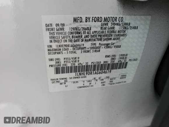 ✅ 2010 Lincoln MKS • VIN: 1LNHL9DR1AG604619 • Lot: 53707325. Wystawiony na Copart z przebiegiem 89 137 mil. Bezpłatny archiwum sprzedaży aukcyjnych z USA i szczegółowy raport historii pojazdu na DreamBid. Zdjęcie 12.