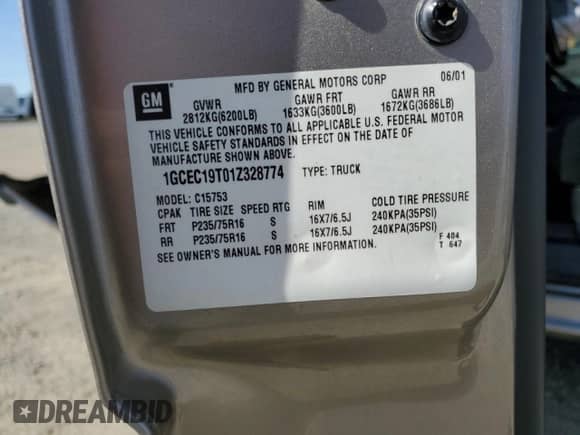 2001 Chevrolet Silverado 1500 LT z VIN 1GCEC19T01Z328774, wystawiony jako Copart lot #51870105 z przebiegiem Nie podano mil oraz Szkoda całkowita • Salvage title. Historia ofert i sprzedaży dostępna na DreamBid. Obrazek 13.