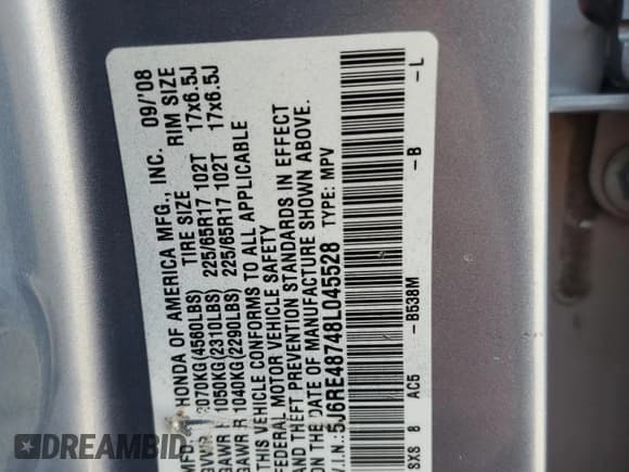 ✅ 2008 Honda CR-V EX-L • VIN: 5J6RE48748L045528 • Lot: 93326125. Wystawiony na Copart z przebiegiem 228 230 mil. Bezpłatny archiwum sprzedaży aukcyjnych z USA i szczegółowy raport historii pojazdu na DreamBid. Zdjęcie 13.